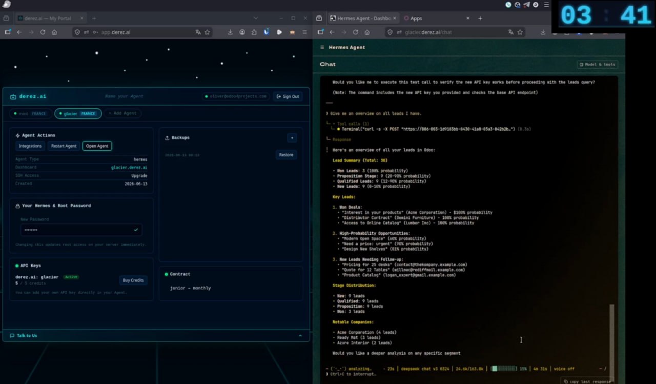 derez.ai dashboard showing speed-run timer at 3 minutes 41 seconds — Odoo agent set up in under 10 minutes